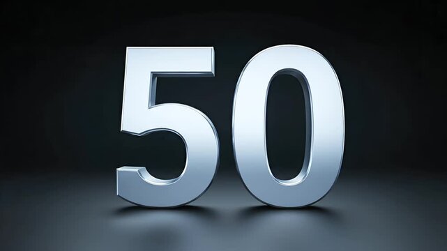 3D silver metallic number 50 sliding into view against a dark glowing background