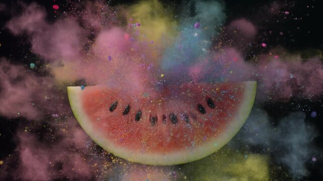 Refreshing watermelon slice bursts with flavor and color as an explosion of vibrant powder creates a dynamic visual against a dark backdrop, symbolizing freshness and fun