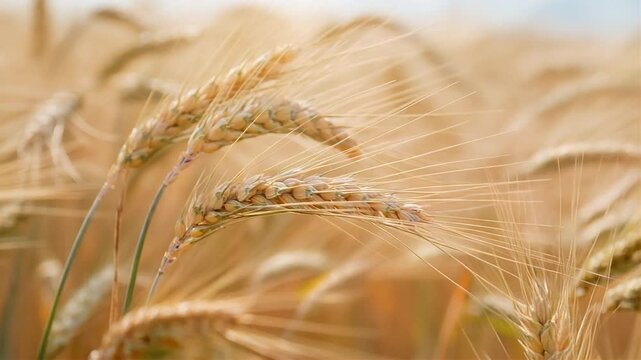 Close-up of ripe golden wheat stalks swaying gently in the breeze, highlighting the texture and color of the grain