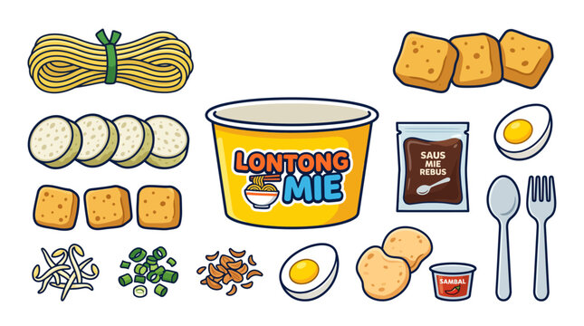 Lontong Mie Instant Noodle Set Cartoon Illustration