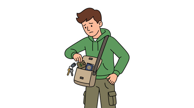Man Rechecking Bag to Confirm Items are Still There