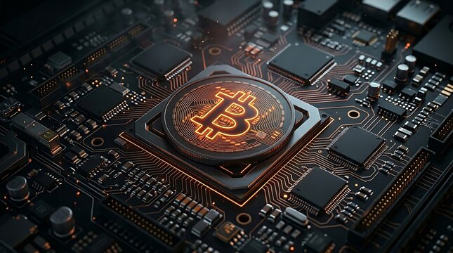 Golden Bitcoin cryptocurrency logo glowing on a high-performance computer CPU microchip mounted on a complex digital motherboard.