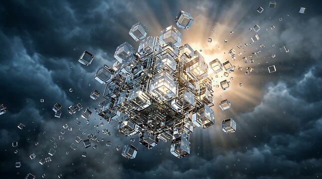 Dramatic exploding glass cube structure scattering glowing data blocks against a dark stormy sky background.