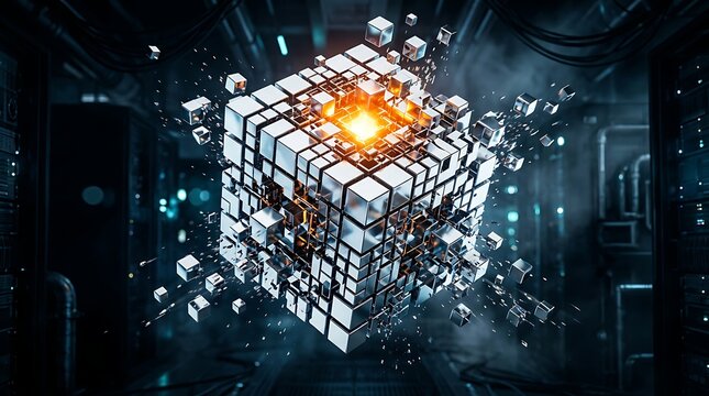 Dynamic metallic cube exploding and releasing glowing orange energy sparks in a modern computer data center.
