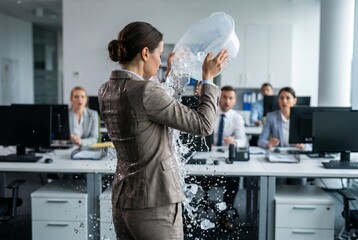 Obraz premium Stressed businesswoman pouring a bucket of ice water over herself in an open space office during extreme heat while shocked colleagues watch. Broken air conditioner concept