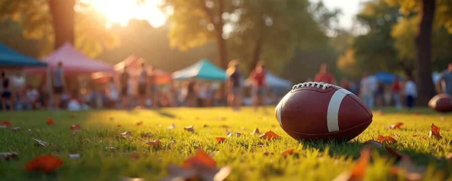 American football rests on green grass at outdoor park during sunset. People gather under tents in background, enjoying park event. Fall leaves scattered around.