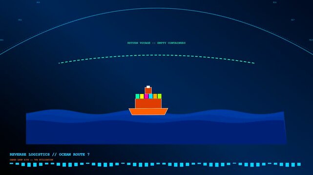 A digital graphic of a Circular Supply Chain demonstrates the automated movement of a container ship navigating across the vast blue ocean with abstract wave motion patterns