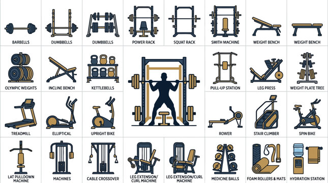 Vector Icons Gym and fitness equipment icon set with various workout machines and weightlifting gear. EPS Editable