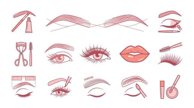 Vector Icons Hand drawn beauty icons set of eyebrows eyelashes lips and makeup tools in pink sketch style. EPS Editable