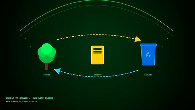 A Circular Supply Chain model demonstrates the regenerative nature of sustainable resource management cycles displayed through simple animated infographic visuals set against a dark digital background