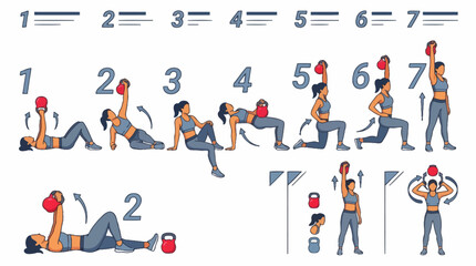 Fototapeta premium Vector Icons Step by step guide vector illustration of a woman performing the turkish get up exercise with a kettlebell. EPS Editable