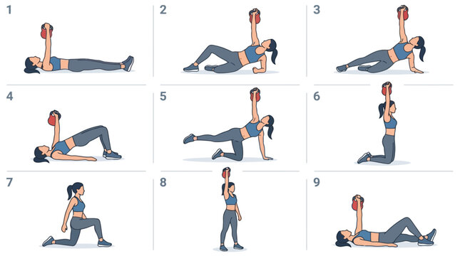 Vector Icons Step by step instructional diagram of a woman performing the Turkish get up exercise with a kettlebell. EPS Editable