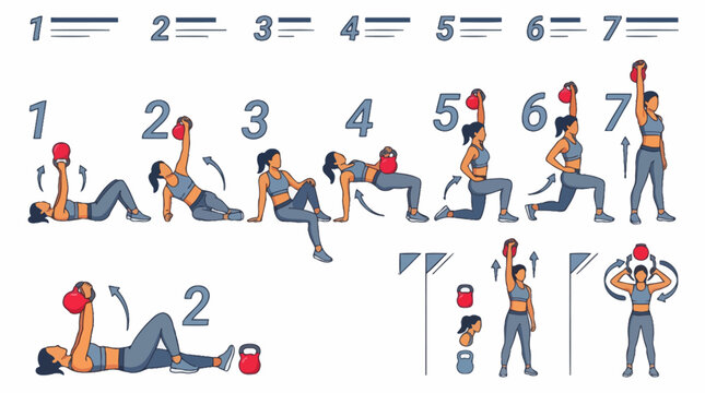 Vector Icons Step by step guide vector illustration of a woman performing the turkish get up exercise with a kettlebell. EPS Editable