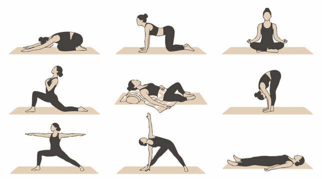 Vector Icons Vector illustration of a woman performing various yoga poses and stretching exercises on mats. EPS Editable