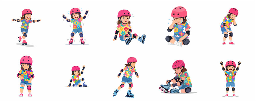 Cute Little Girl Learning Roller Skating and Inline Skating Character Illustration Set
