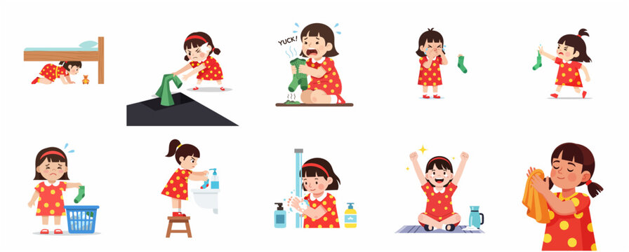 Set of cute little girl illustrations doing chores, handling smelly socks, washing laundry in the sink, and practicing good hand hygiene with soap and towel.