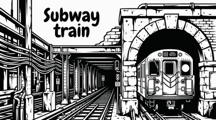 subway train entering new york underground black and white tunnel urban transportation © Ethan