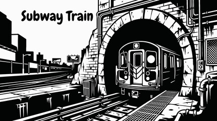 subway train entering new york underground black and white tunnel urban transportation © Ethan