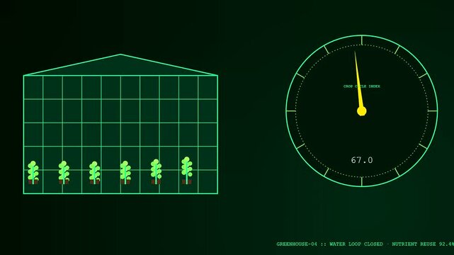 Data visualizations displaying a Circular Supply Chain process. Shows fluctuating growth metrics for organic plant cultivation across stages of a high-tech automated indoor agriculture.