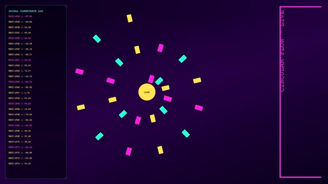 Sophisticated Circular Supply Chain data visualization featuring rotating neon nodes surrounding a central point. Depicts continuous automated information flow against a digital background.
