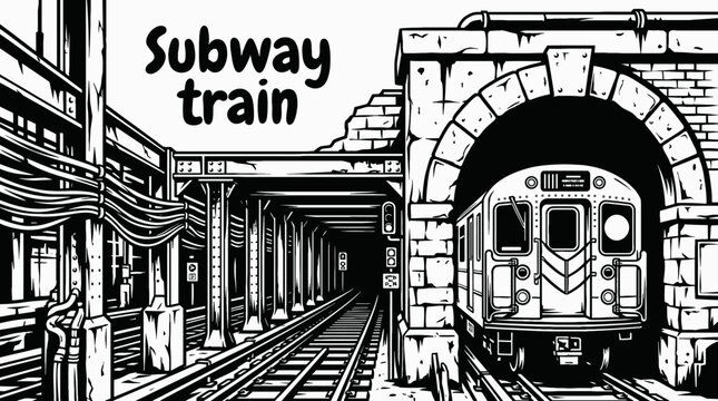 subway train entering new york underground black and white tunnel urban transportation