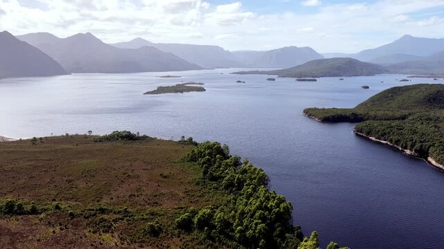 Scenic landscape of Tasmanian wilderness Burbury Lake Lyell Highway by Queenstown.