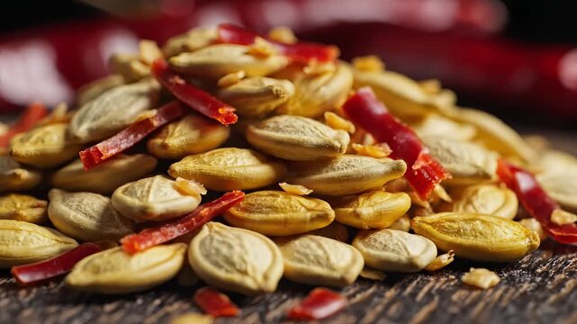 Closeup of Spicy Roasted Pumpkin Seeds with Chili Flakes on Wooden Surface.