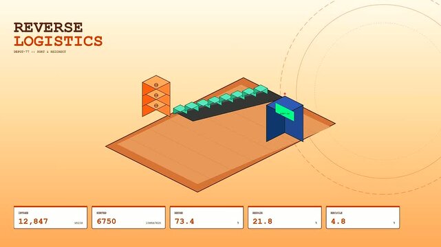 A digital Circular Supply Chain visualization illustrates the automated sorting of units within a high tech warehouse system through a series of dynamic data driven process steps