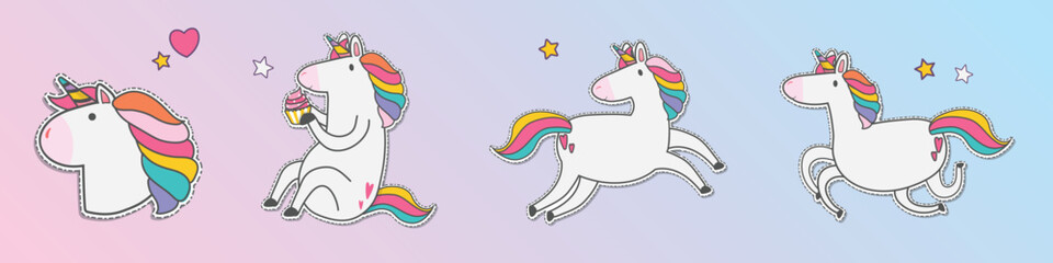 Vector of cute unicorns with rainbow manes on a pastel gradient background. © Rawpixel.com