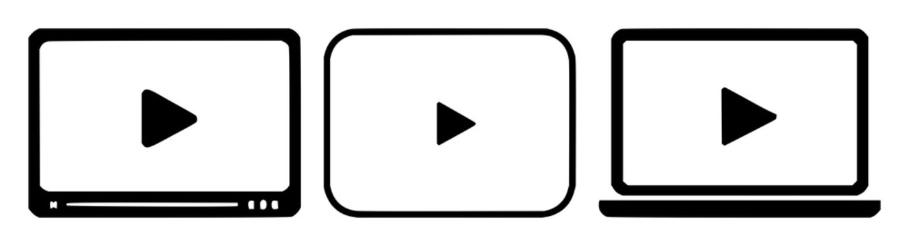 Online course video set with solid black icon on white background featuring video playback, learning module, digital lesson with symbol and screen