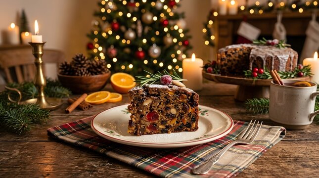 Christmas fruit cake slice with festive decorations, holiday dessert atmosphere, cozy warm lights, rustic table styling