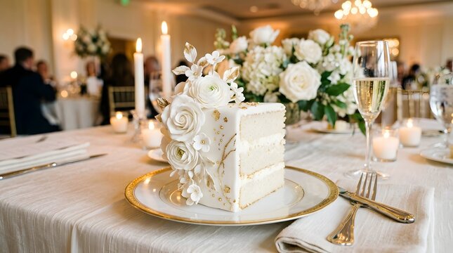 Wedding cake slice with white floral decoration and gold accents, luxury event dessert styling, bright elegant lighting