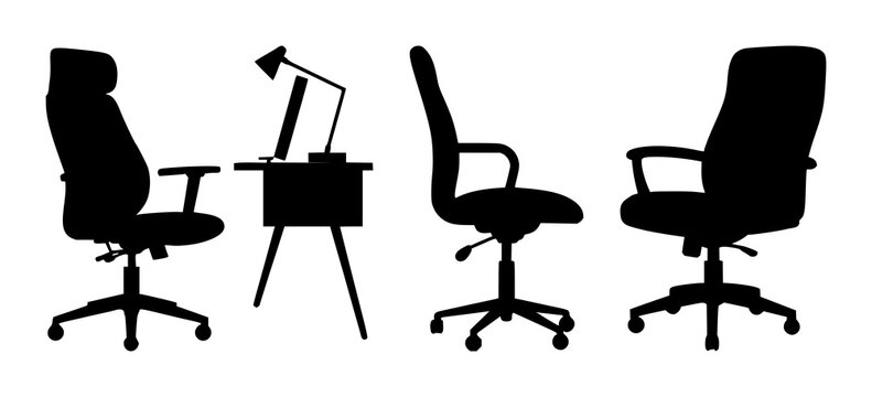 Home office chair set with solid black icon on white background featuring ergonomic, minimalistic, black silhouette with comfort and lumbar support