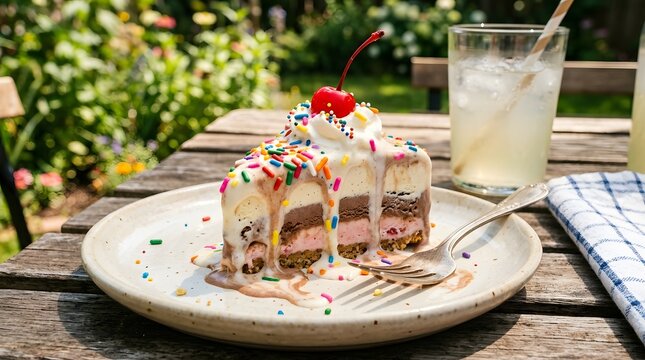 Ice cream cake slice melting slightly on plate, colorful toppings, playful summer dessert aesthetic, realistic food photography