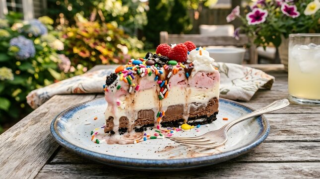 Ice cream cake slice melting slightly on plate, colorful toppings, playful summer dessert aesthetic, realistic food photography