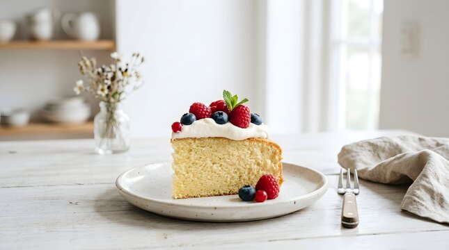 Minimalist sponge cake slice with whipped cream and berries, Scandinavian bakery aesthetic, clean white background, soft daylight photography