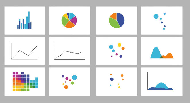 Collection of various charts and graphs for data visualization and analysis, including bar, pie, line, and scatter plots