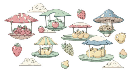 Cartoon fruit stands and produce illustration © Arisa