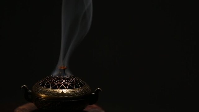 Blue texture smoke from incense aroma stick in vintage old design metal box motion rising above on copy space dark background. Meditation, yoga, wellness, aroma calm relaxation concept