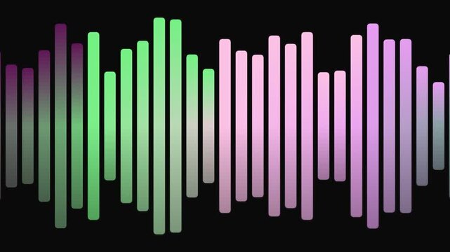 Vibrant digital waveform visualization displaying dynamic sound frequencies with colorful vertical bars against a dark backdrop, representing audio spectrum analysis and musical rhythm, evoking