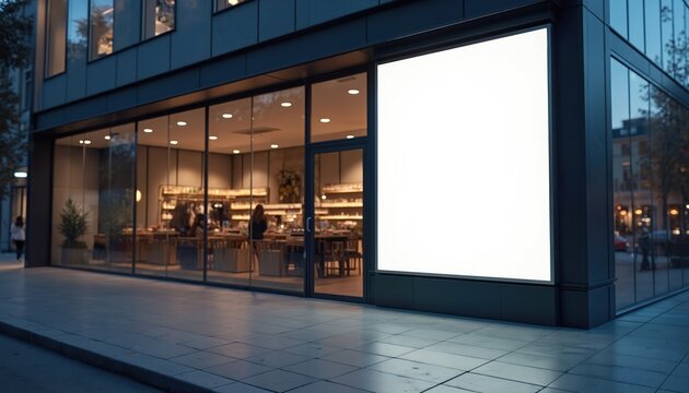 Modern storefront with large blank billboard on the exterior. Shop interior visible through glass windows. Outdoor commercial space with copy area for ads. Evening street scene.