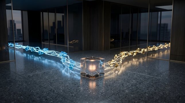 Glowing pathway lights diverge from a central lantern on a polished floor in a modern cityscape office interior with glass walls.