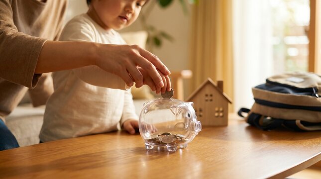 Caregiver helping a young child put coins into a transparent piggy bank at home, with a small house model and backpack nearby, representing family savings, financial education 