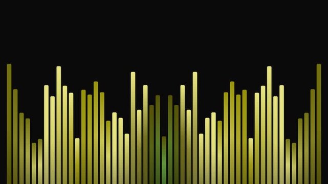 Vibrant golden sound wave pulses rhythmically across a dark expanse, depicting energetic audio visualizer bars that amplify the intensity of sonic frequencies in a dynamic digital display.