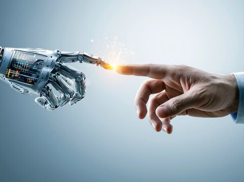 Human hand reaches out to touch robotic hand in a moment of connection and innovation in technology