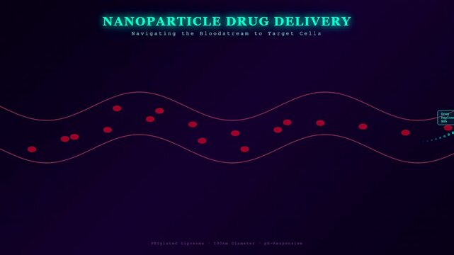 Targeted drug delivery animation shows a nanoparticle moving through a vessel, passing red cells, delivering its payload to specific target cells for therapy.