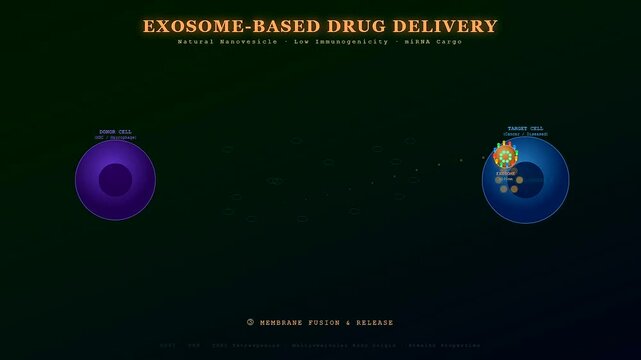 A dynamic animation illustrates targeted drug delivery via exosomes, detailing biogenesis from a donor cell, transport, membrane fusion, and precise miRNA cargo release into a target cell.