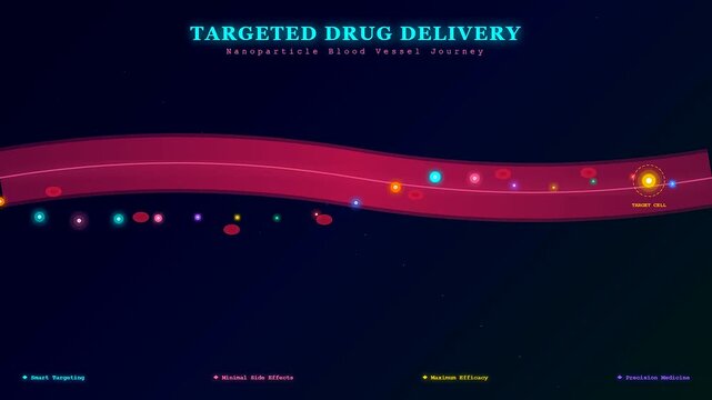 Targeted drug delivery illustrates nanoparticles navigating a human blood vessel, precisely attaching to target cells while minimizing systemic side effects for advanced medical treatment.