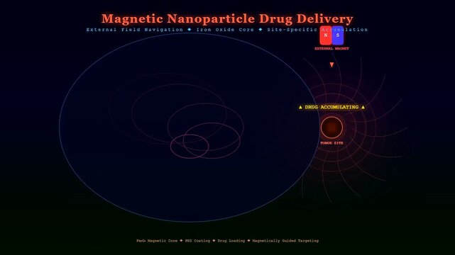 Visualizing targeted drug delivery, magnetic nanoparticles are meticulously guided by an external field to accumulate precisely at a specific tumor site for advanced medical treatment.