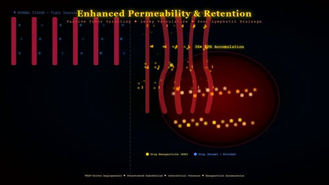 This scientific animation vividly demonstrates targeted drug delivery, showcasing nanoparticles progressively accumulating within a tumor due to enhanced permeability and retention over time.